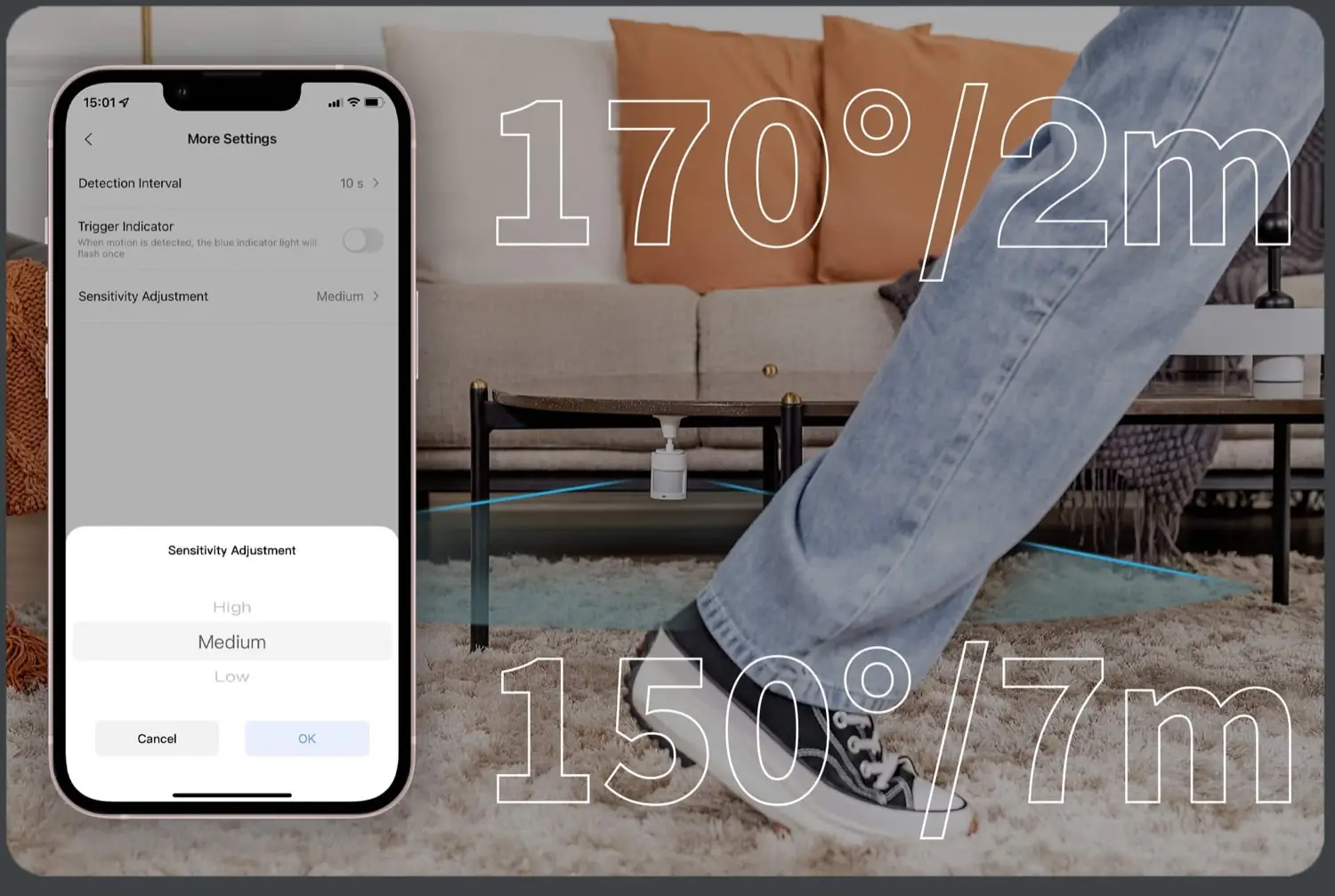 Motion Sensor P1 under a coffee table detecting a person walking past, with 170°/2m and 150°/7m coverage markers