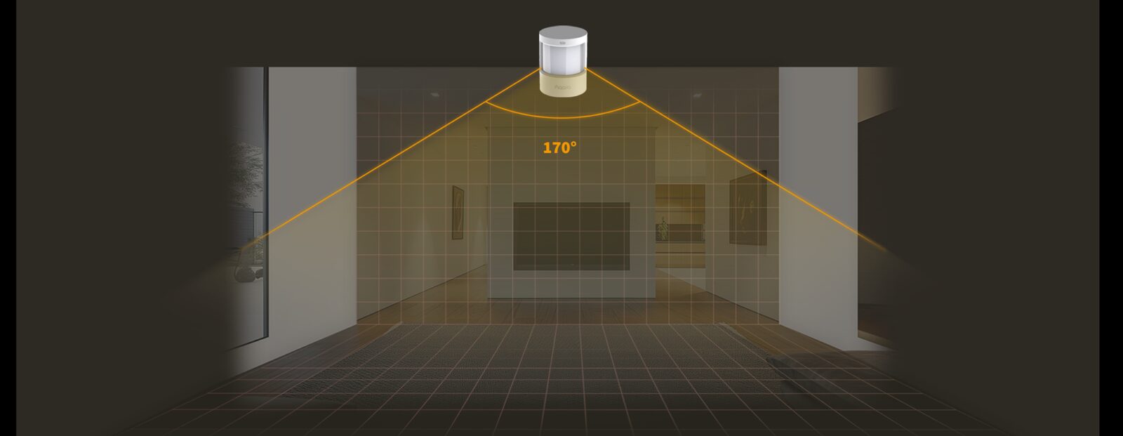 Aqara Motion and Light Sensor P2 covering a living room with a 170-degree detection fan