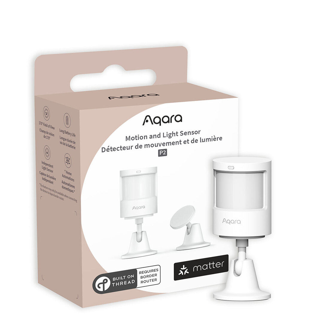 Motion and Light Sensor P2 retail box showing Matter and built-on-Thread badges