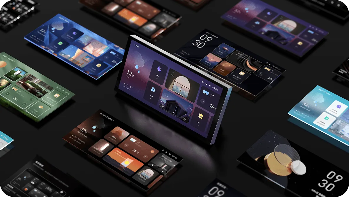 Aqara Panel Hub S1 Plus Desktop Version surrounded by examples of its customizable dashboards and screen themes