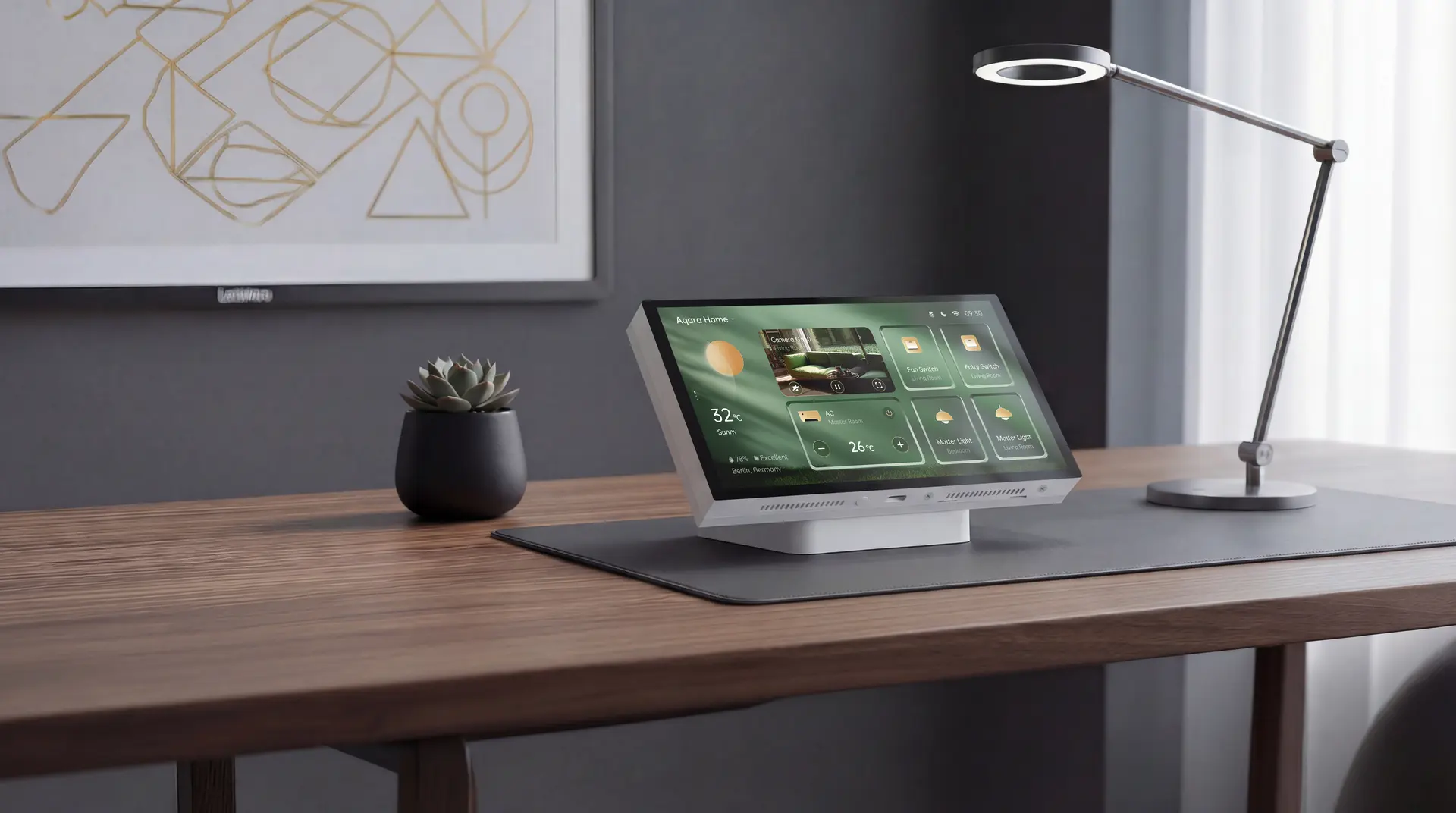 Aqara Panel Hub S1 Plus Desktop Version showing a home dashboard on a modern desk