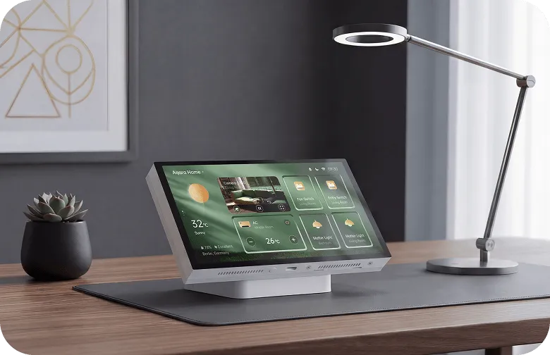 Person operating the Aqara Panel Hub S1 Plus Desktop Version on a home-office desk