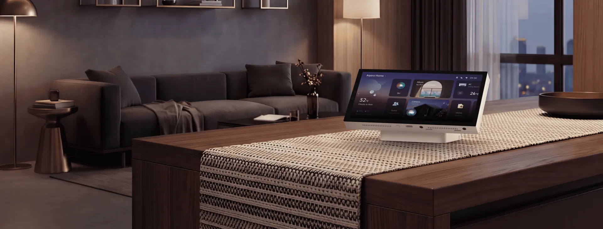 Aqara Panel Hub S1 Plus Desktop Version on a living-room table showing its smart home dashboard