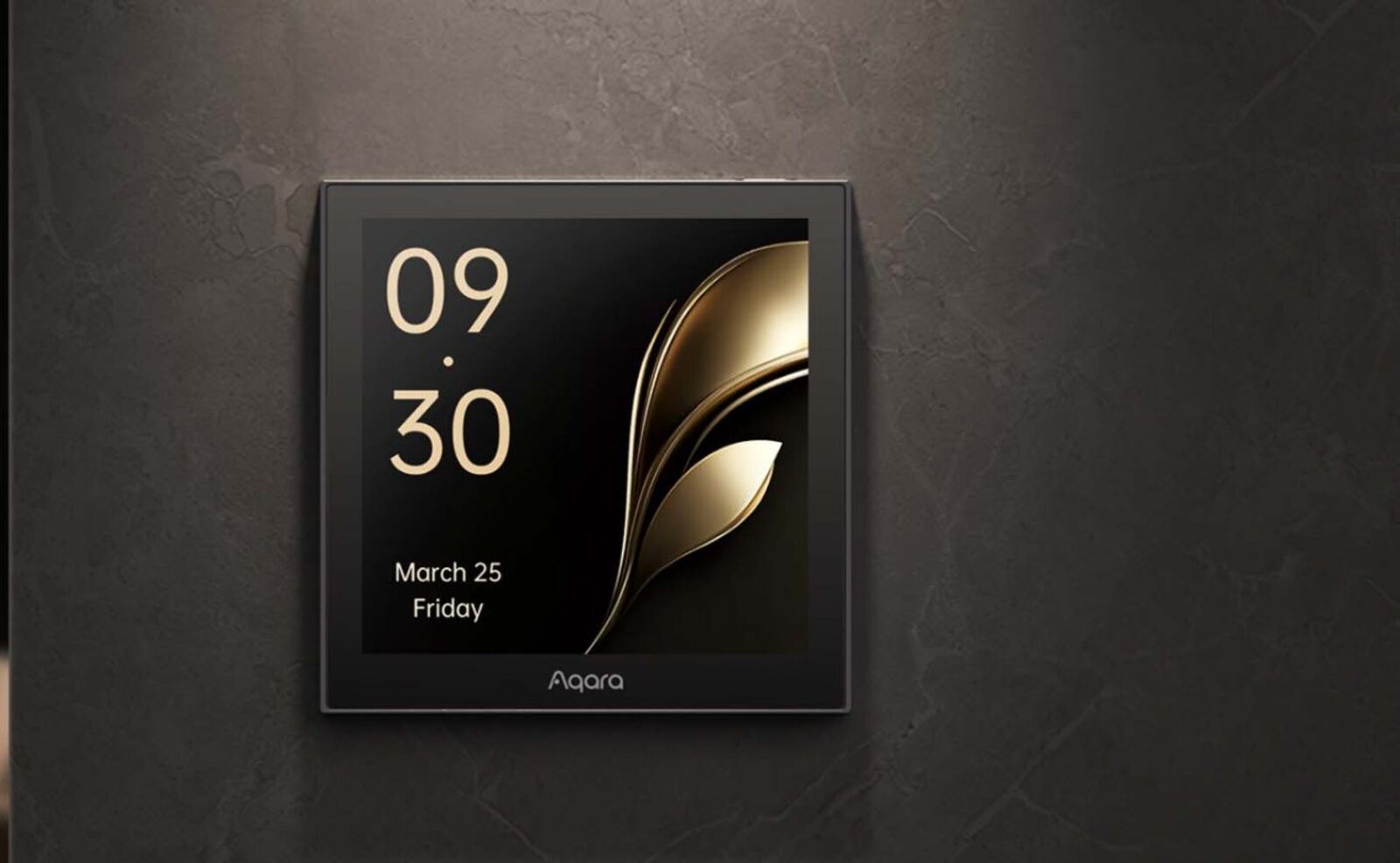 Aqara Panel Switch S100 mounted on a dark marble wall showing the time on its touchscreen