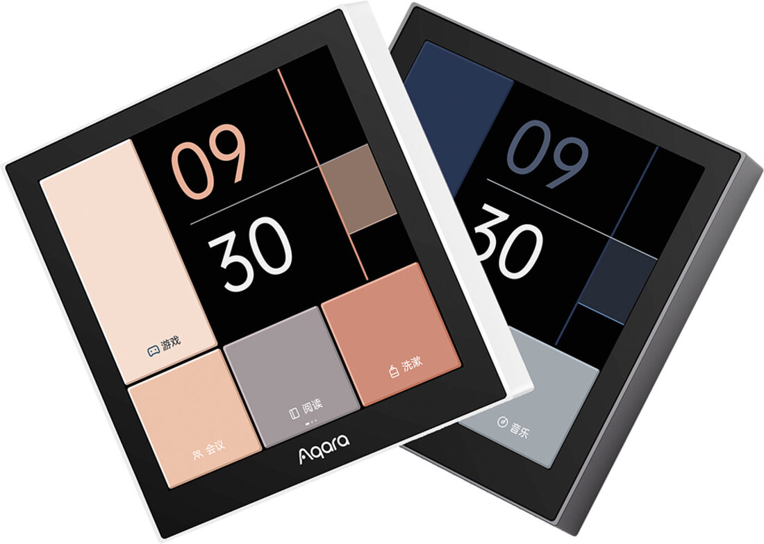 Panel Switch S100 in black and white finishes, screens showing customised tile layouts