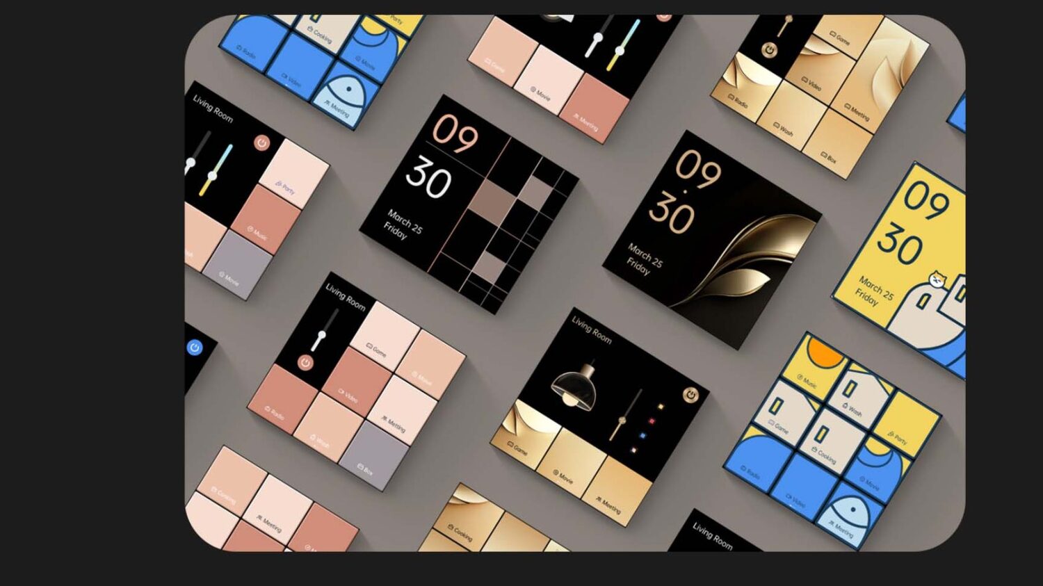 A flat-lay of Panel Switch S100 screens in many themes and tile layouts
