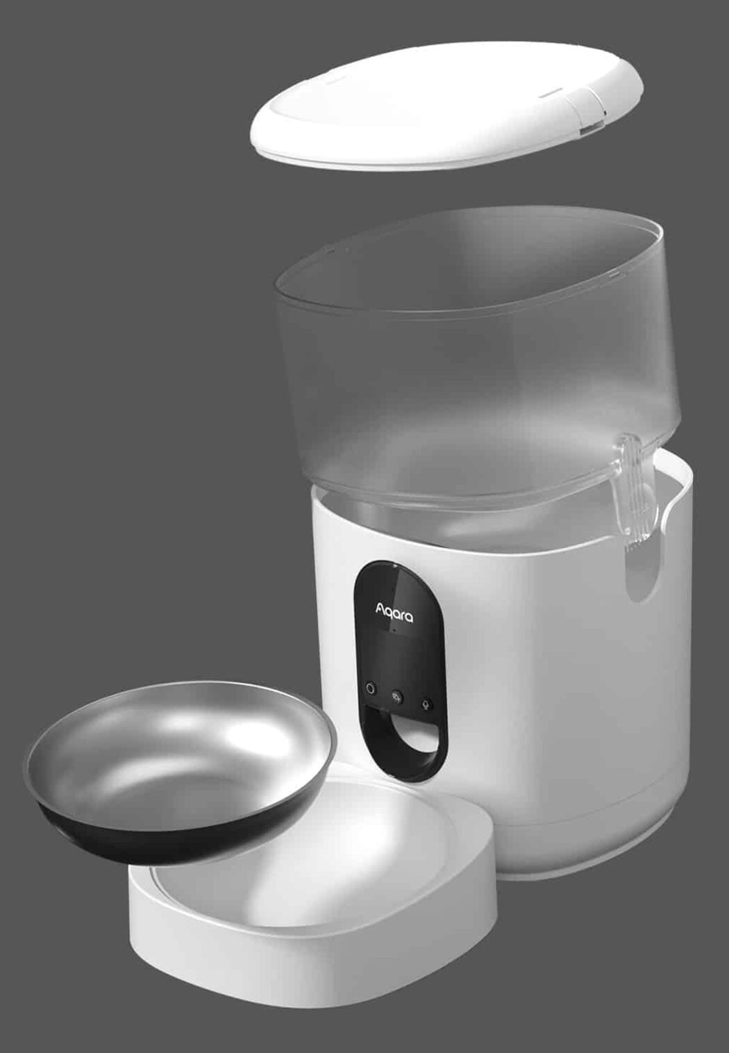 Exploded view of the Pet Feeder C1 showing the lid, transparent tank, body and removable stainless-steel bowl