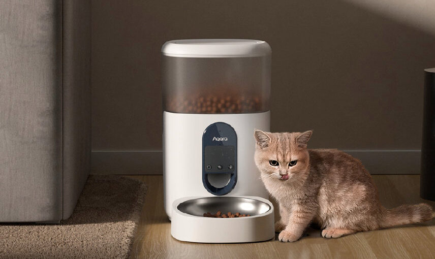 Aqara Pet Feeder C1 dispensing kibble beside a cat in a warmly lit living room