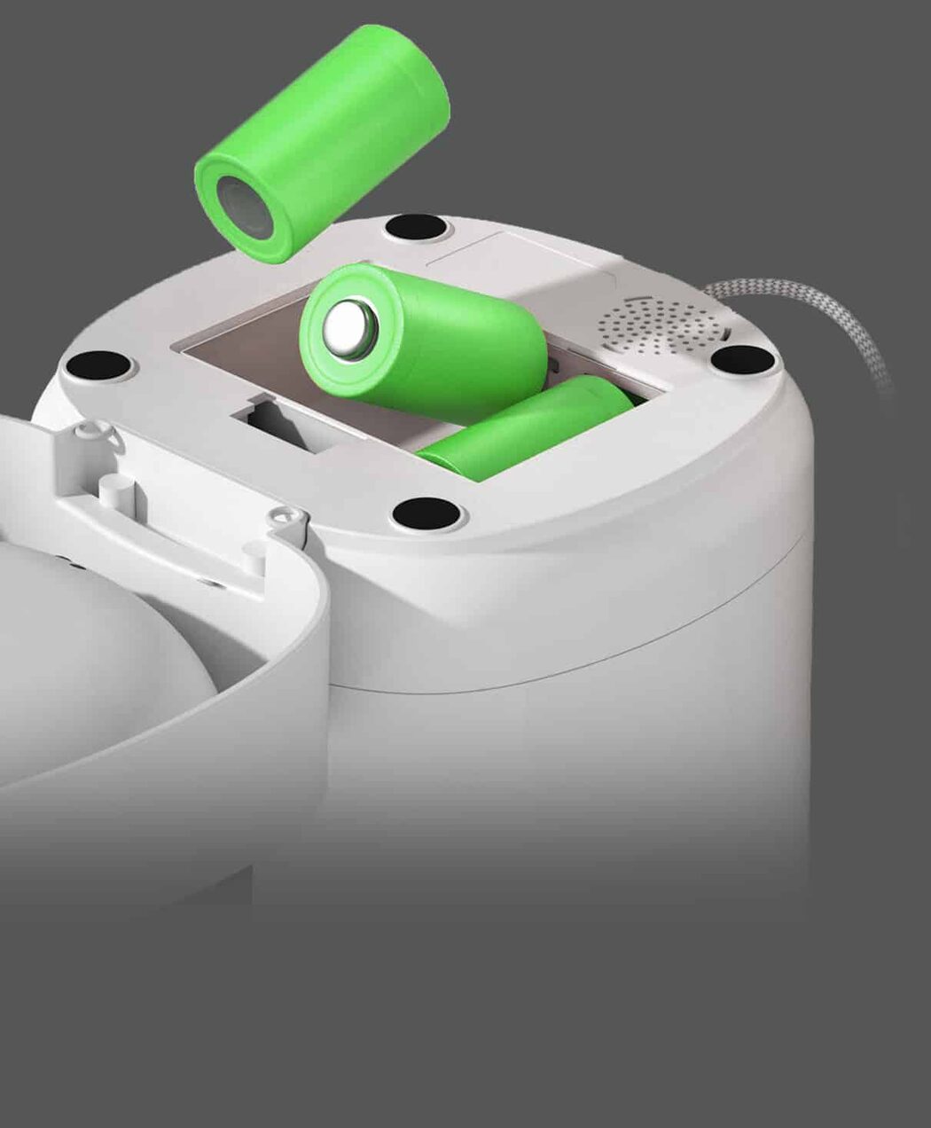 Underside of the Pet Feeder C1 showing the D-type battery compartment and USB cable