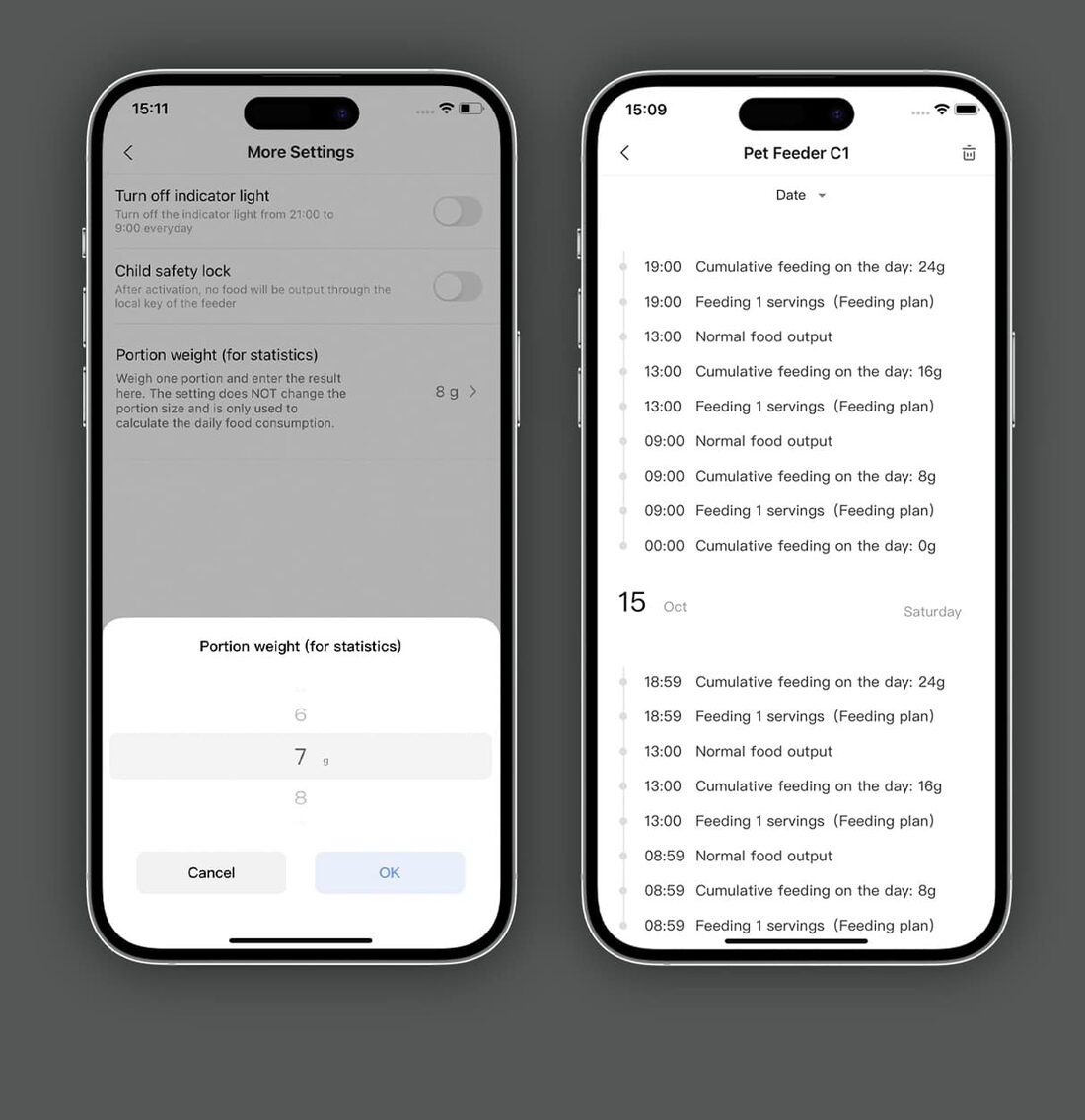 Aqara Home app screens showing per-portion weight setting and a daily feeding history in grams
