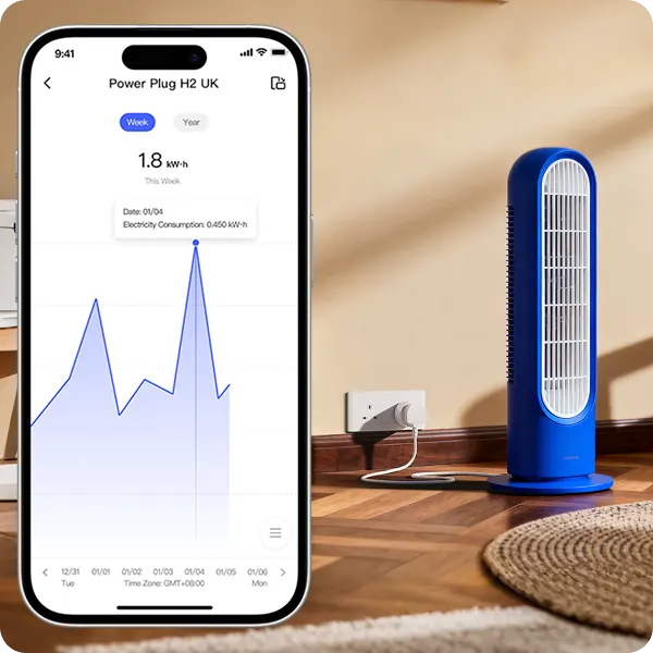 Aqara Home showing weekly power consumption for a fan connected to the Power Plug H2 UK