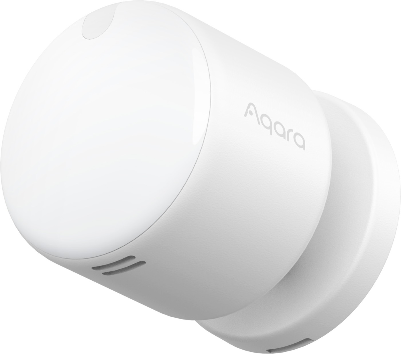 Close-up of the Aqara Presence Sensor FP300 showing its rounded white body and magnetic base