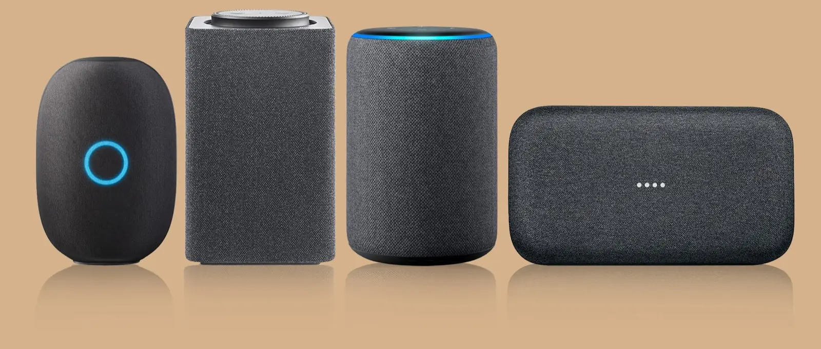 A row of popular smart speakers on a tan background, representing voice assistant compatibility