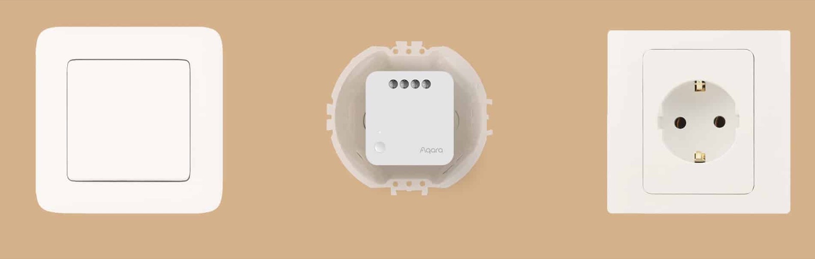 Aqara Single Switch Module T1 mounted inside a wall box between an existing wall switch and a power socket