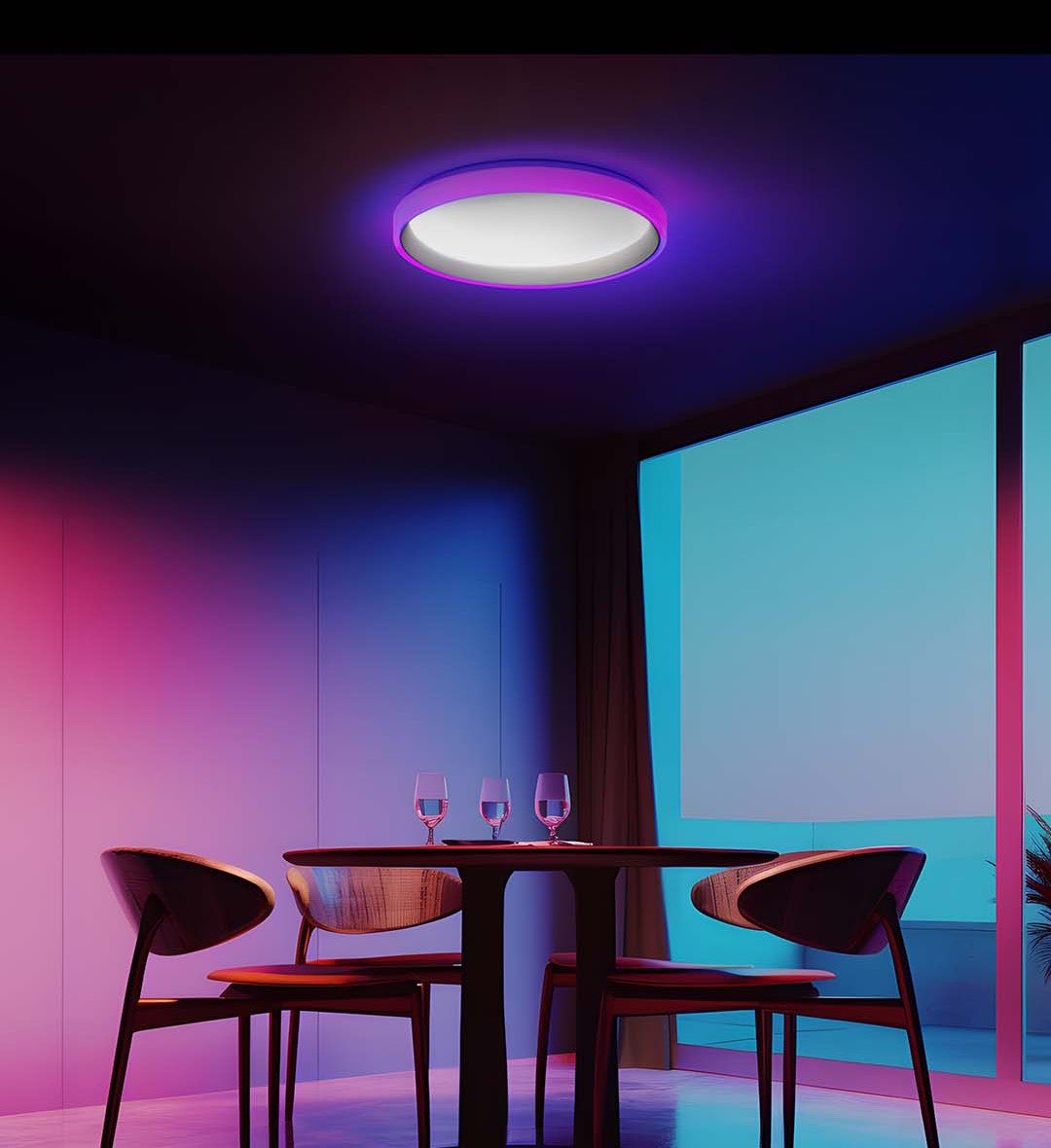 Ceiling Light T1M washing a dining room in vivid pink and blue RGB ambient light
