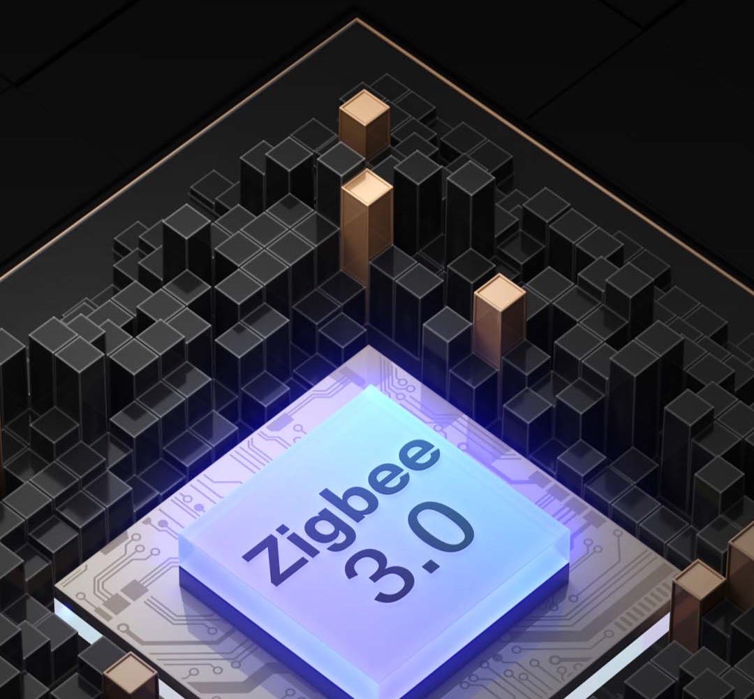 Illustration of a glowing Zigbee 3.0 chip representing the T1M's stable local connection