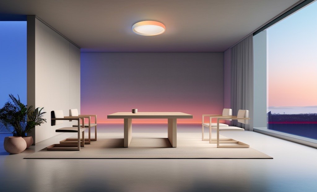 Aqara Ceiling Light T1M mounted above a dining table, casting a warm glow with a soft coloured ring at sunset