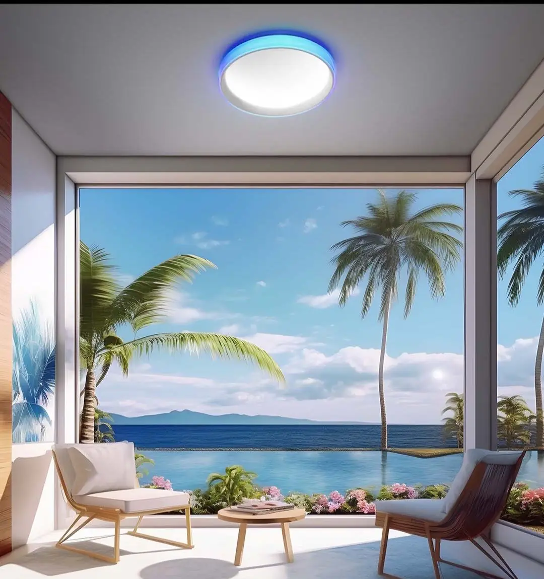 Ceiling Light T1M with a blue ambient ring above a coastal room looking out to palm trees and the sea