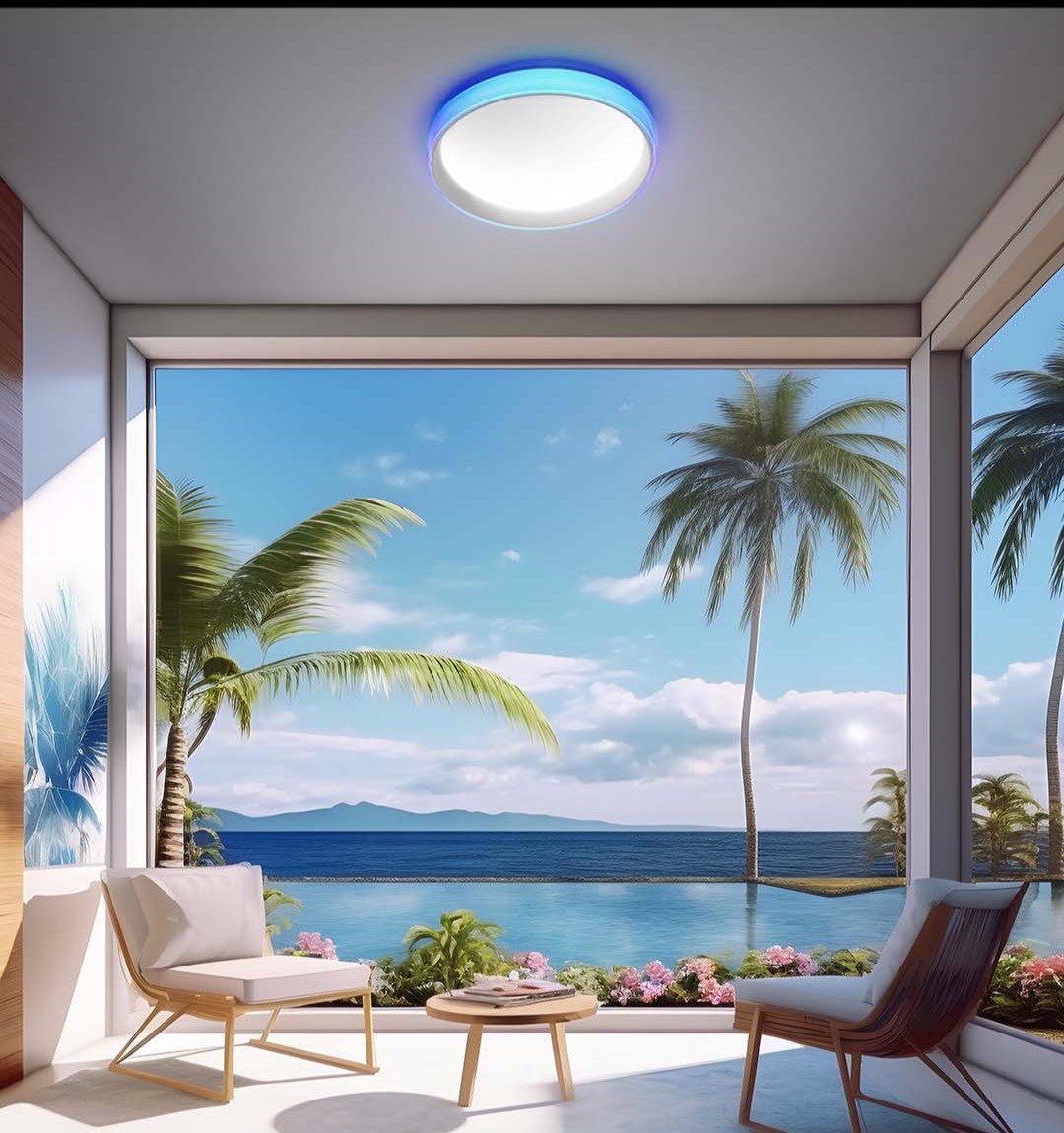 Ceiling Light T1M with a blue ambient ring above a coastal room looking out to palm trees and the sea
