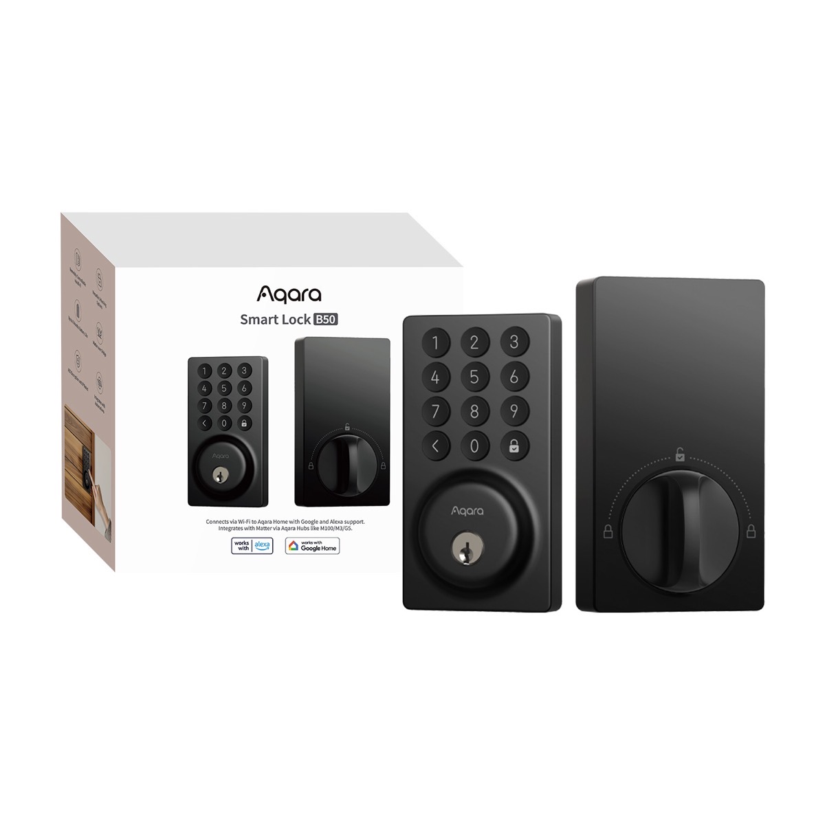 Aqara Smart Lock B50 retail box alongside the front keypad panel and rear thumb-turn panel