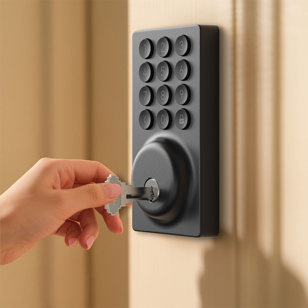 A hand turning a physical key in the cylinder of the Aqara Smart Lock B50