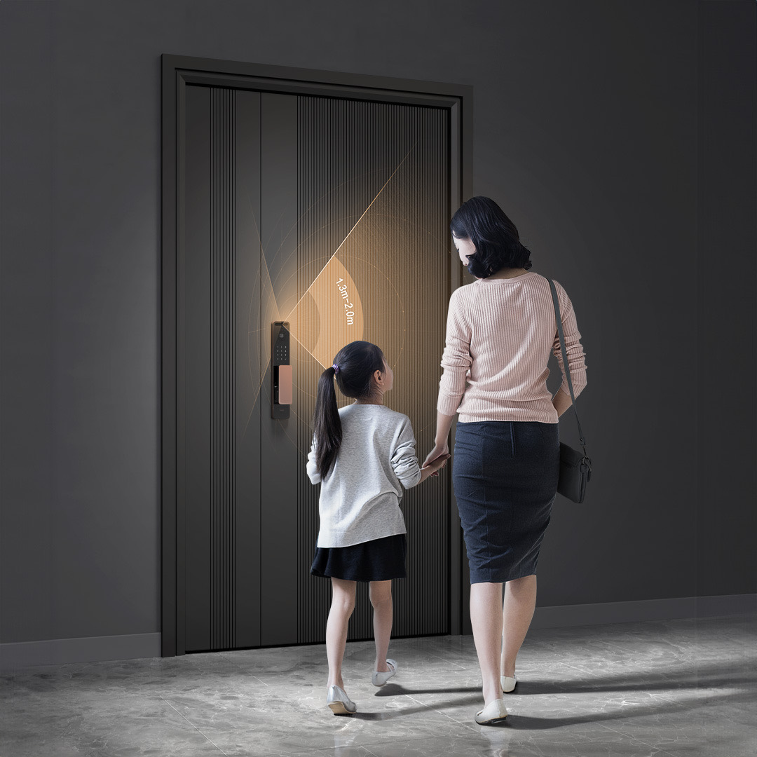 Cut-away of the D200i's motorised lock body and bolts set into a dark ribbed door