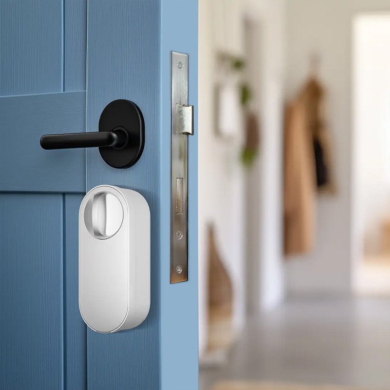 U200 Lite retrofitted over an existing cylinder on a blue door, hallway beyond