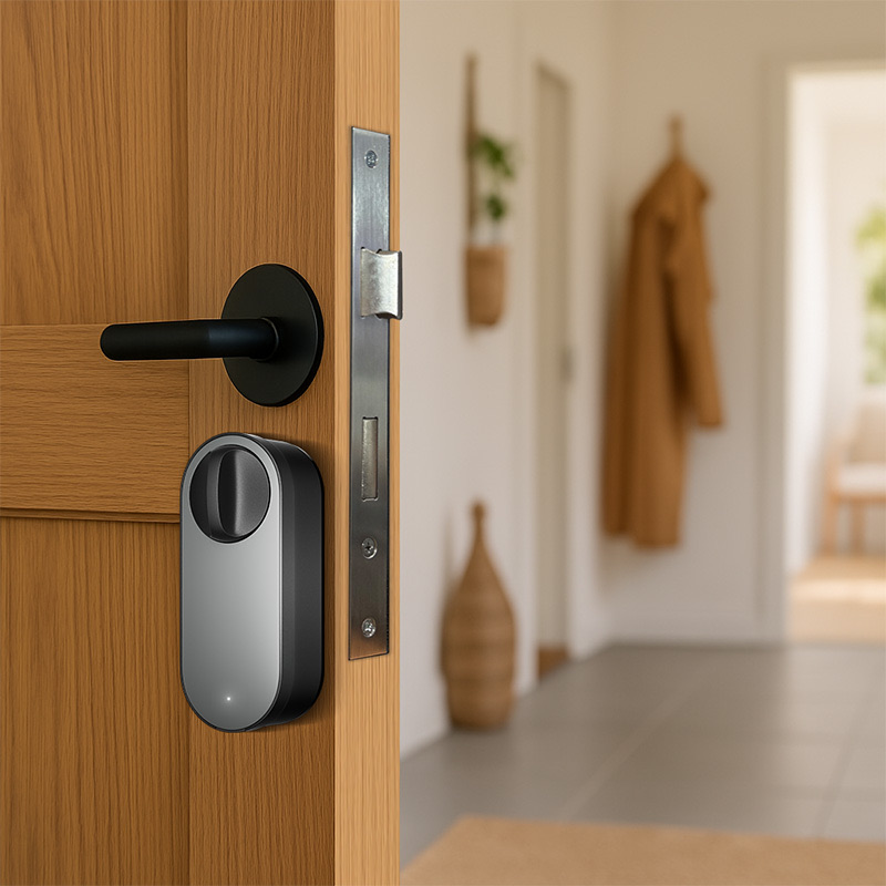 U200 Lite mounted on an oak door opening onto a bright hallway