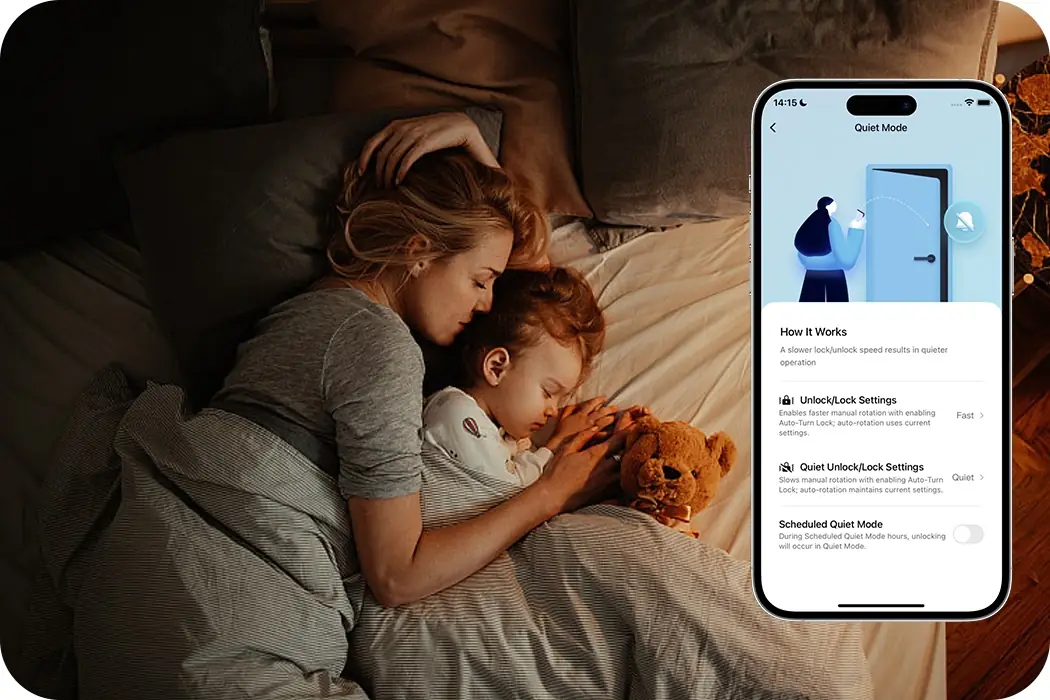 Mother and child asleep, with the Aqara Quiet Mode settings shown on a phone