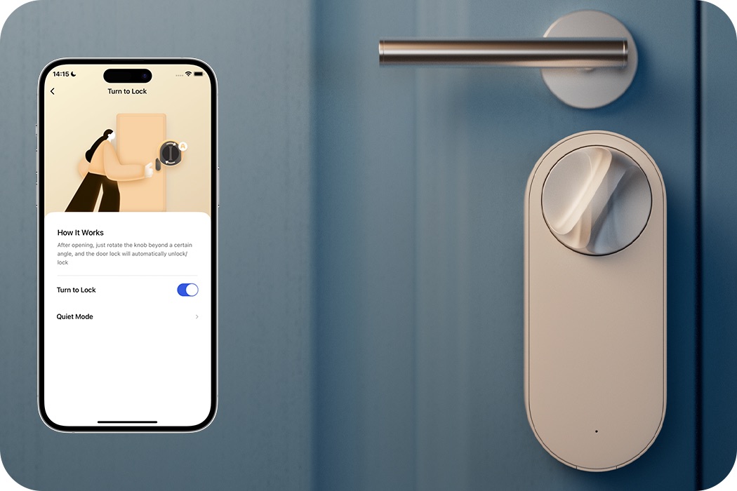 Close-up of the U200 Lite knob on a blue door beside the Turn to Lock app screen