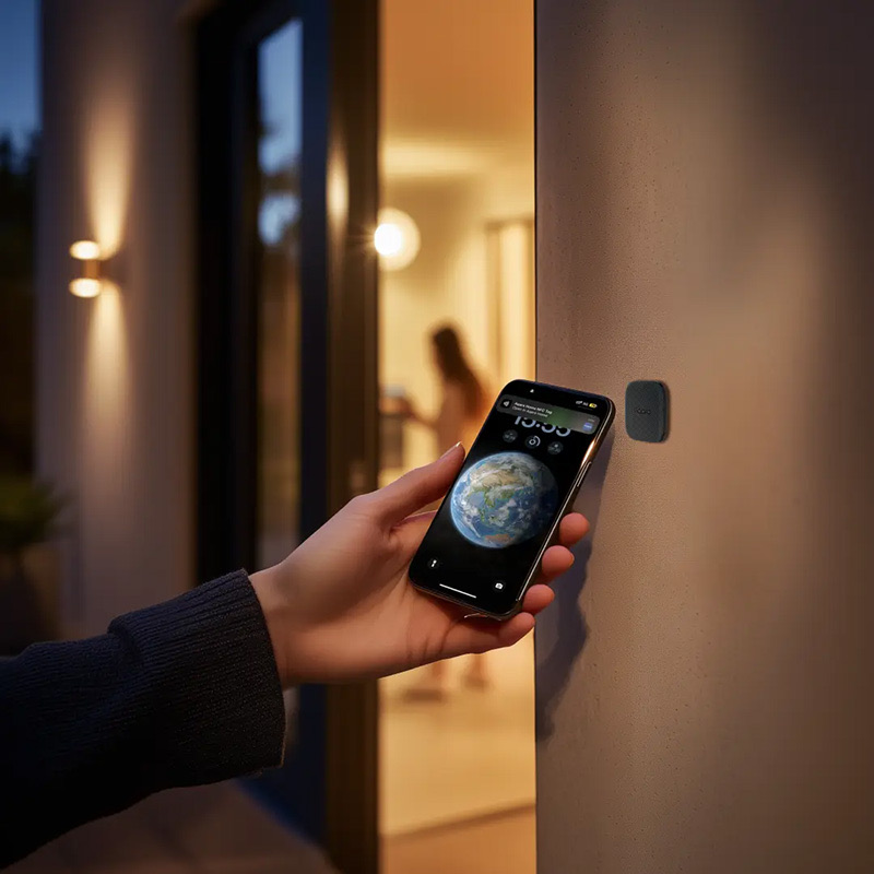 A hand holding a phone up to unlock the door of a lit home at dusk