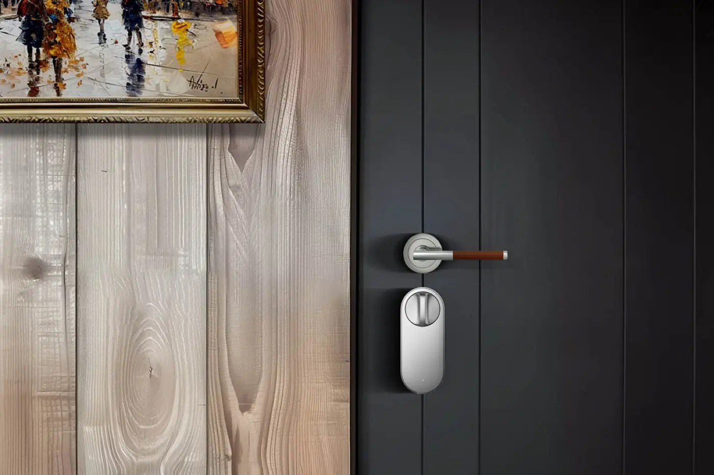 The silver Aqara U200 lock body installed on a dark panelled door beside framed art