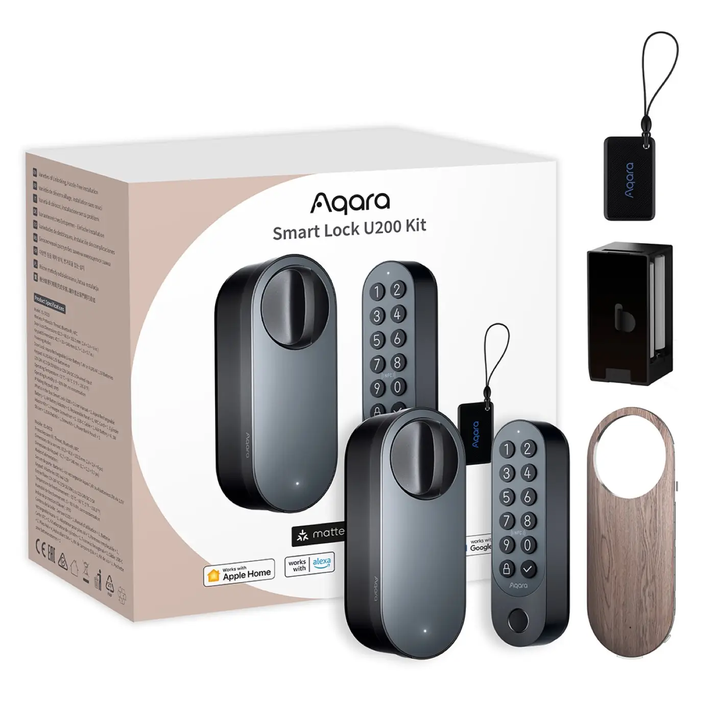 Aqara Smart Lock U200 kit with keypad, NFC card and packaging showing Works with Apple Home, Alexa and Google badges