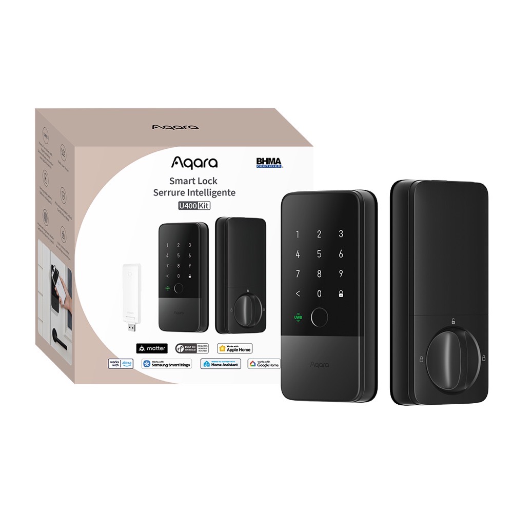 U400 Kit retail box showing the lock, Hub M100 and Matter, Apple Home, Alexa, SmartThings and Google Home badges