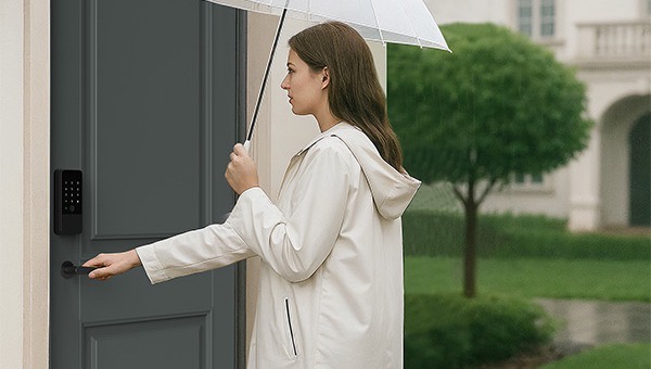 A person under an umbrella reaching for the U400 on a front door in the rain