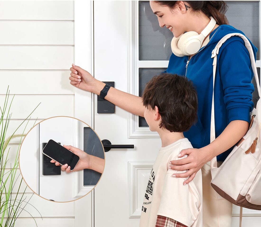 A parent unlocking the U50 with an Apple Watch tap while a child watches at the front door