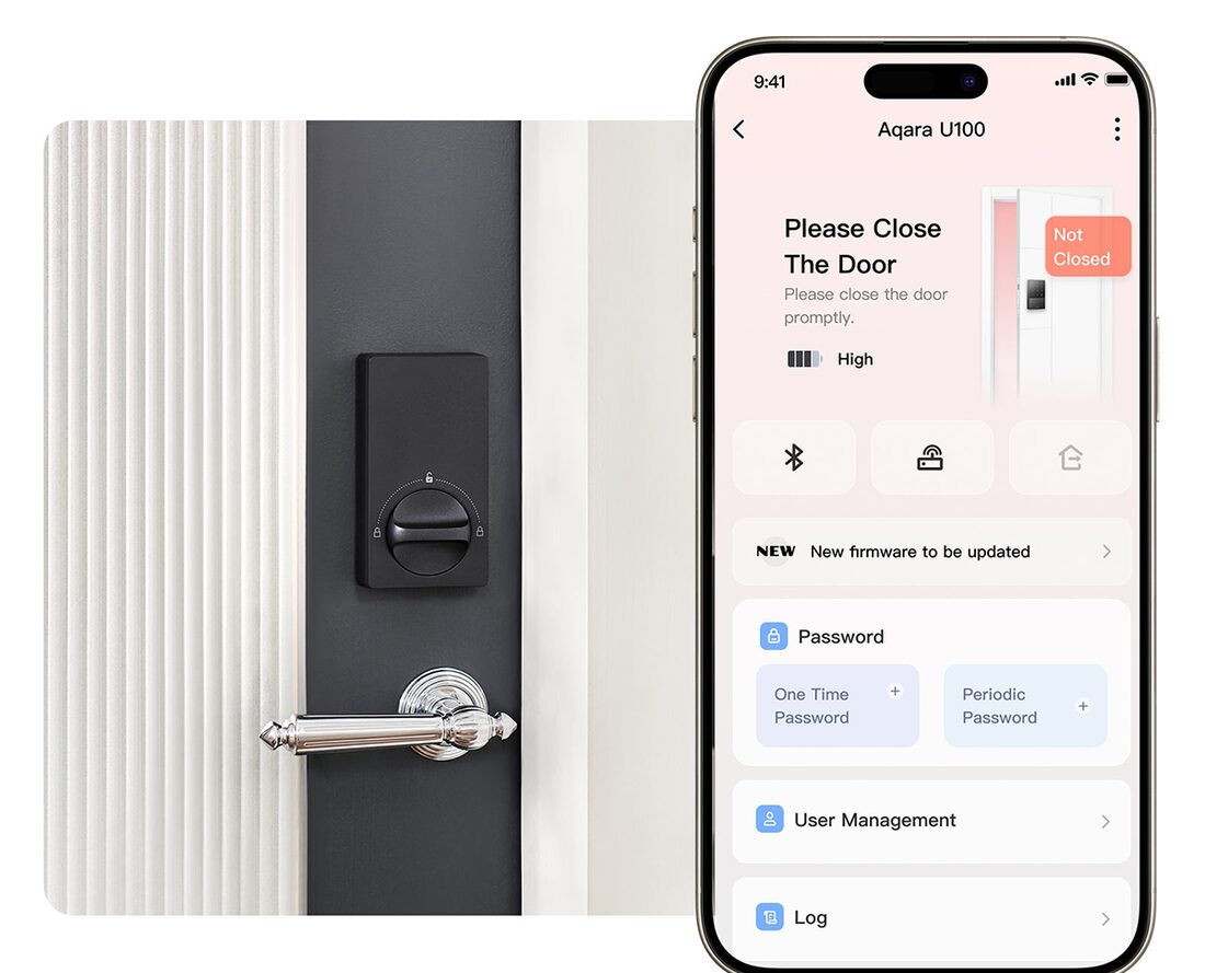 U50 mounted on a door with the Aqara app showing a door-left-open alert
