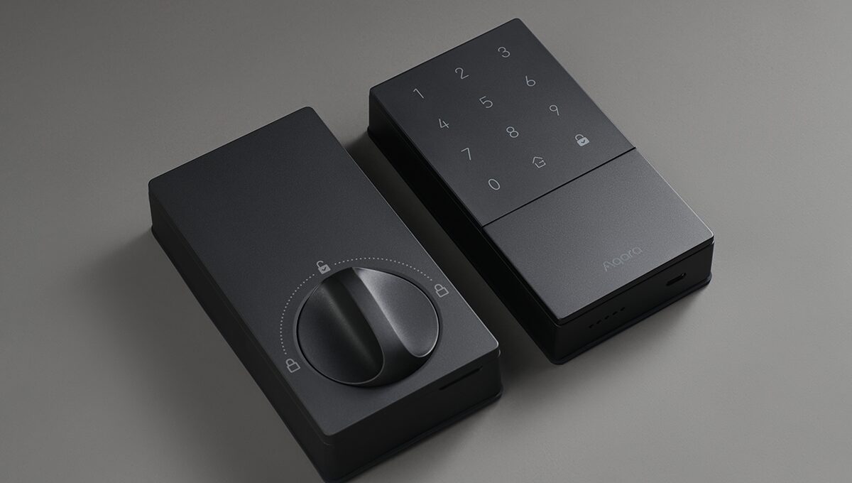 Aqara Smart Door Lock U50 inner thumb-turn and outer keypad panels on a grey backdrop