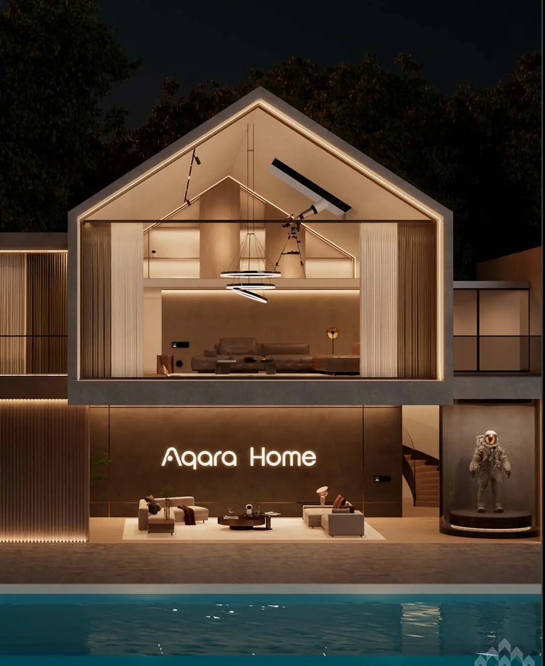 Cutaway of a warmly lit Aqara Home smart house at night