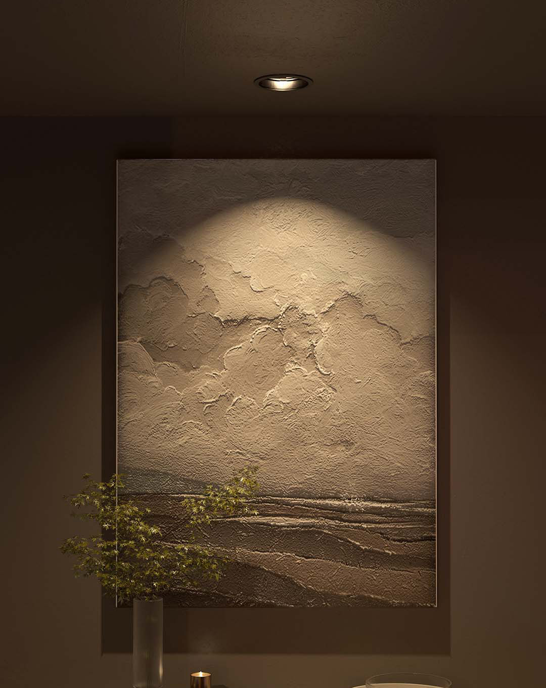 A Downlight T2 washing a textured seascape artwork with warm, even light