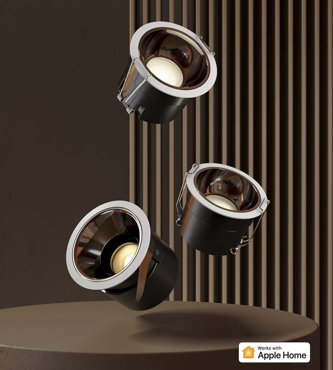 Three Aqara Smart Downlight T2 units against a warm wood-slat backdrop