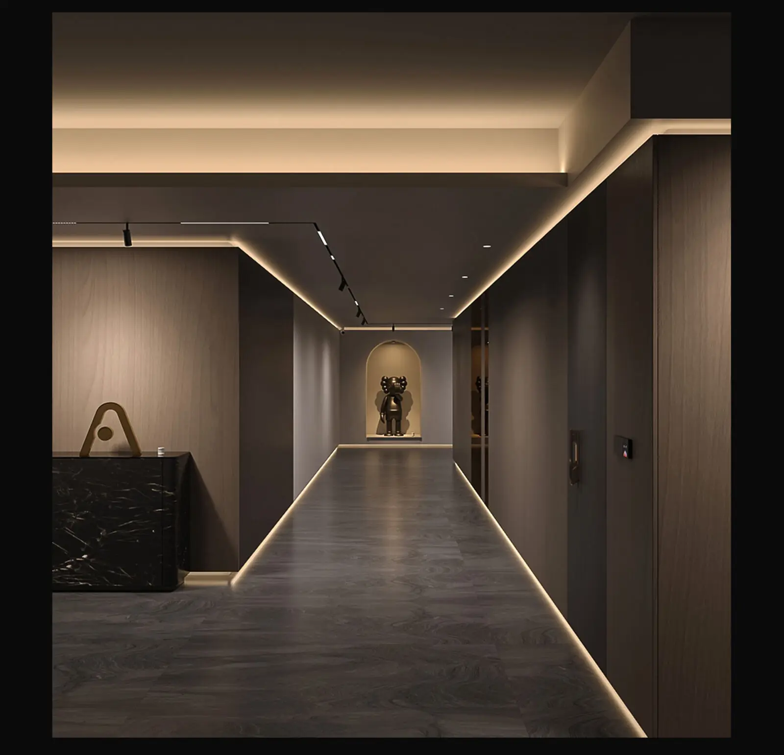 A hallway with warm LED strip light tracing the ceiling cove and floor skirting into a lit display niche