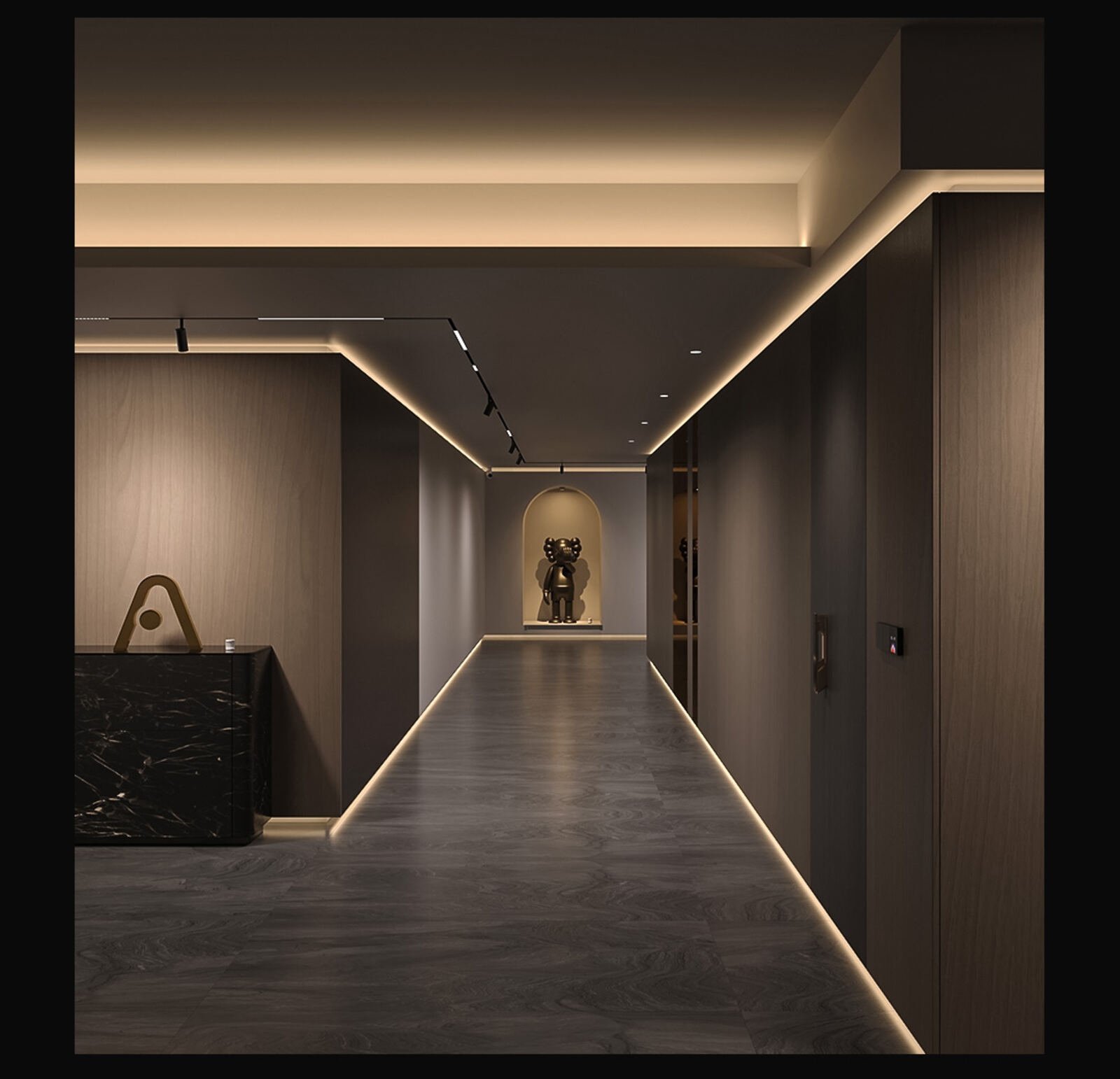 A hallway with warm LED strip light tracing the ceiling cove and floor skirting into a lit display niche