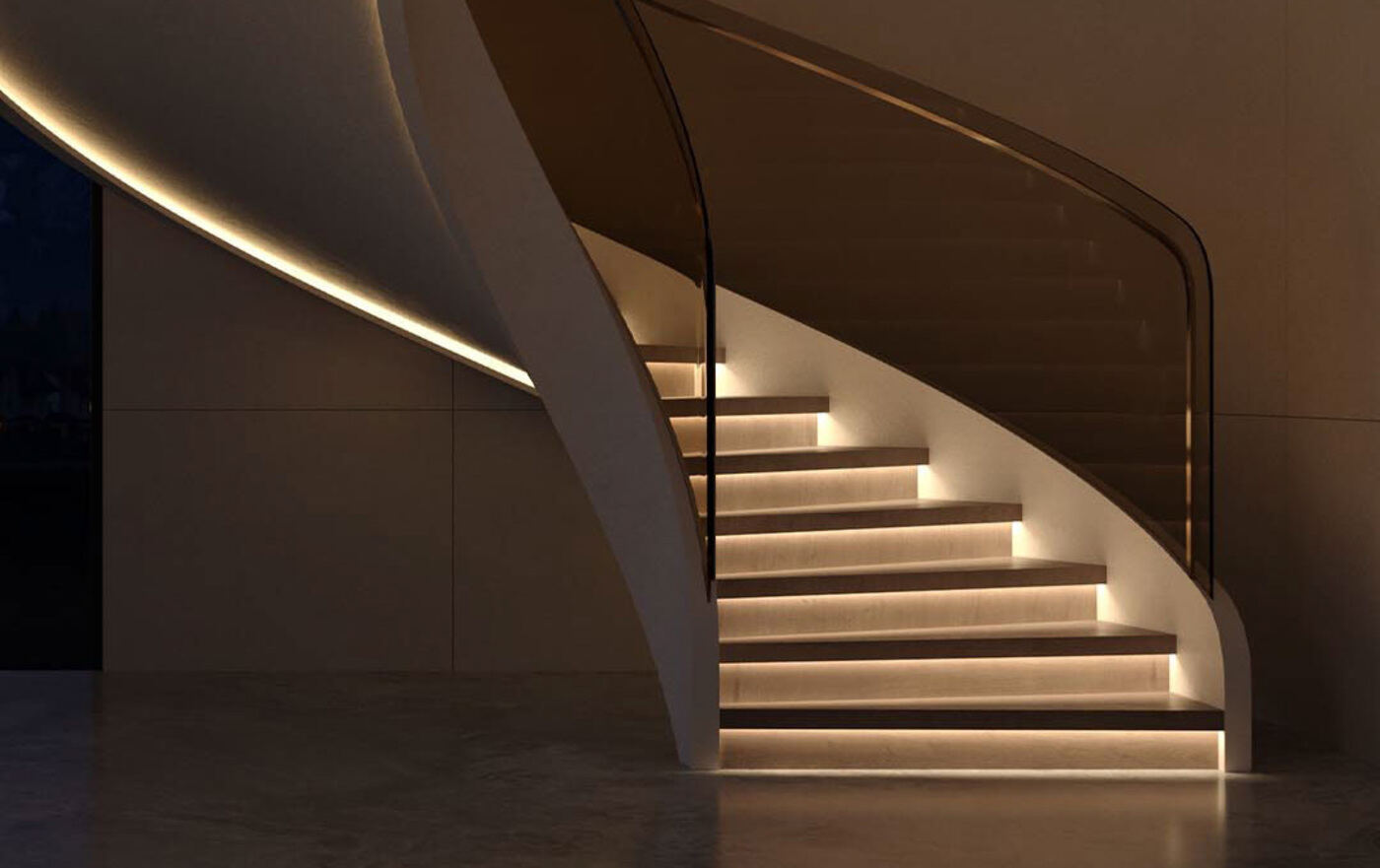 Tunable-white LED strips lighting the treads and underside of a curved floating staircase at night