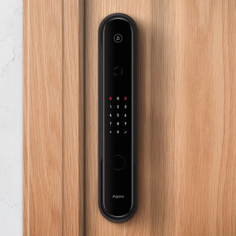 D100 lock with lit keypad mounted on a warm timber door