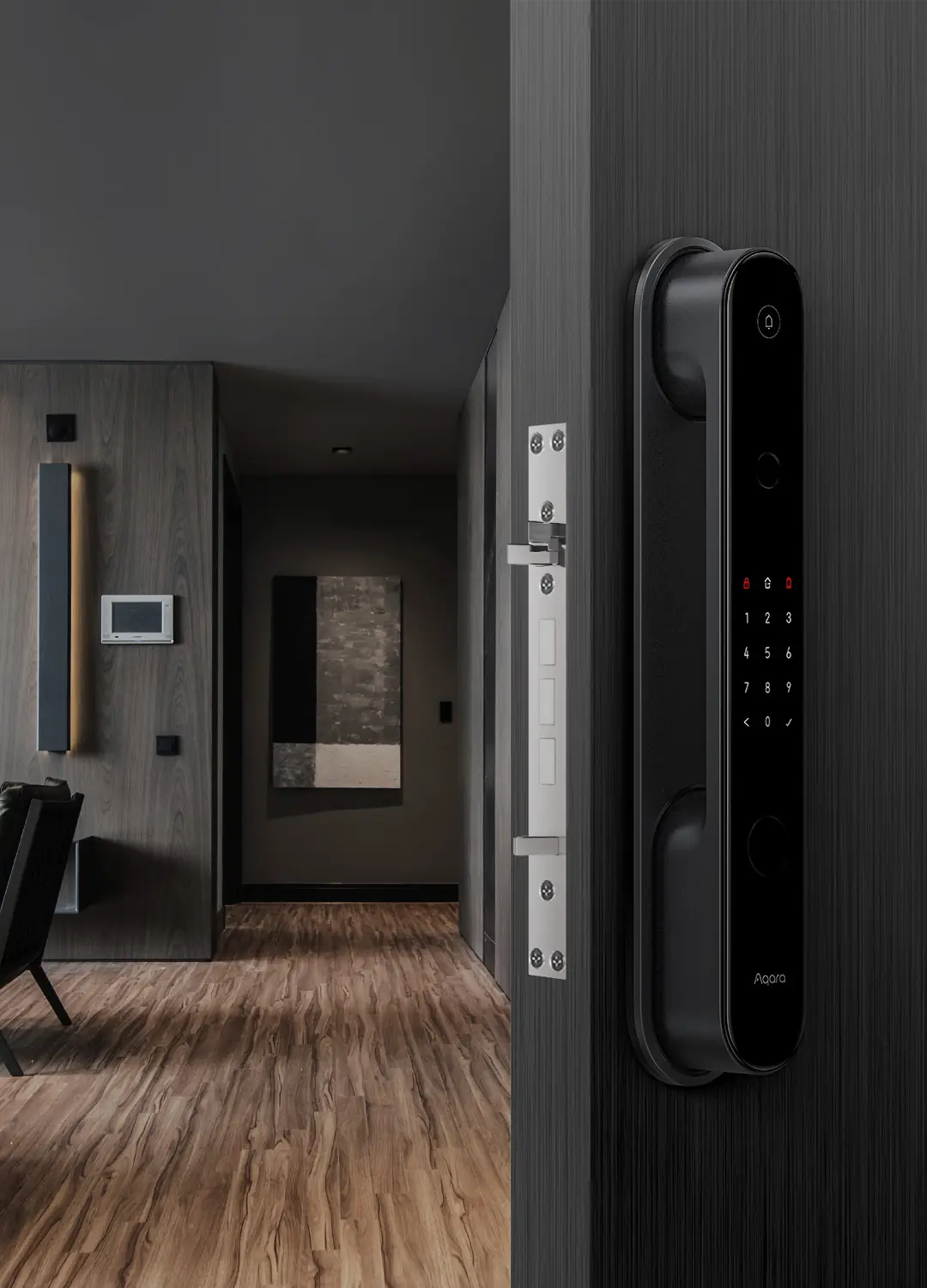 The D100 fitted to a dark timber door in a dimly lit designer hallway