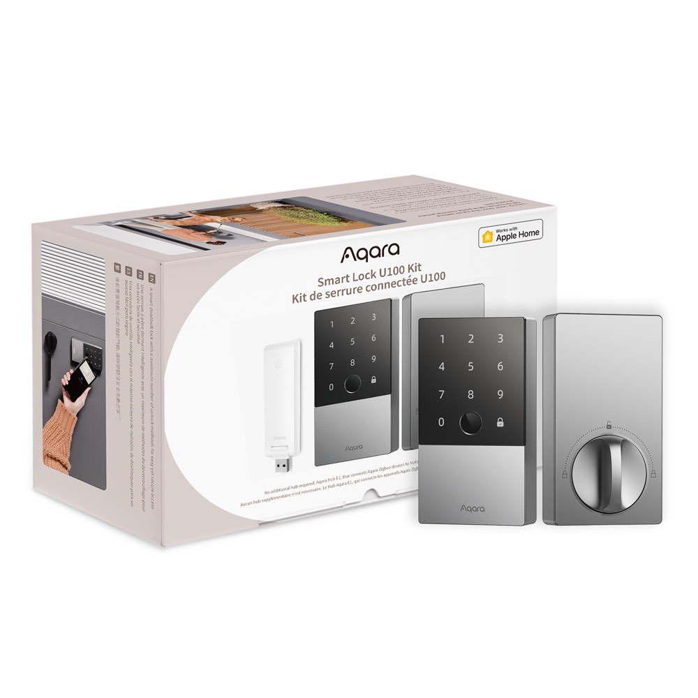 Aqara Smart Lock U100 Kit retail box showing the lock, deadbolt and bundled Aqara E1 Hub