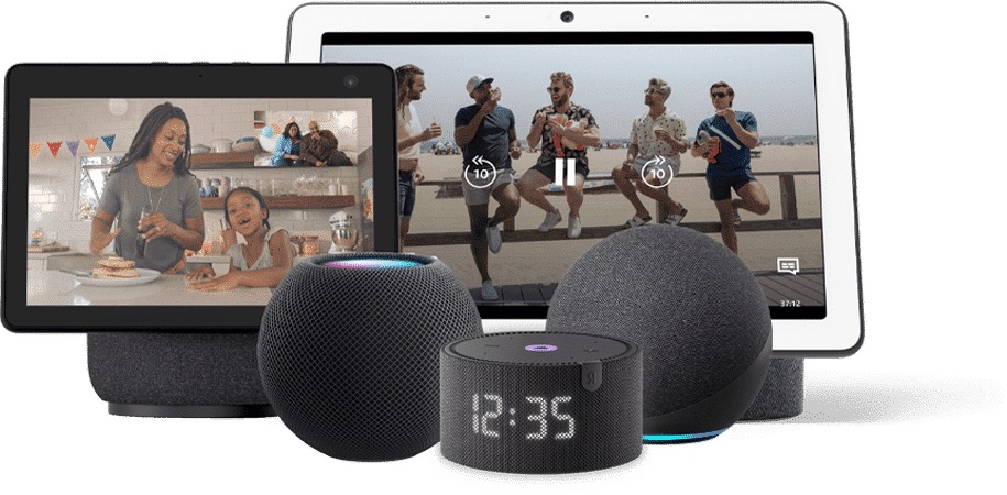 Smart displays and speakers from Apple, Google and Amazon showing the doorbell feed