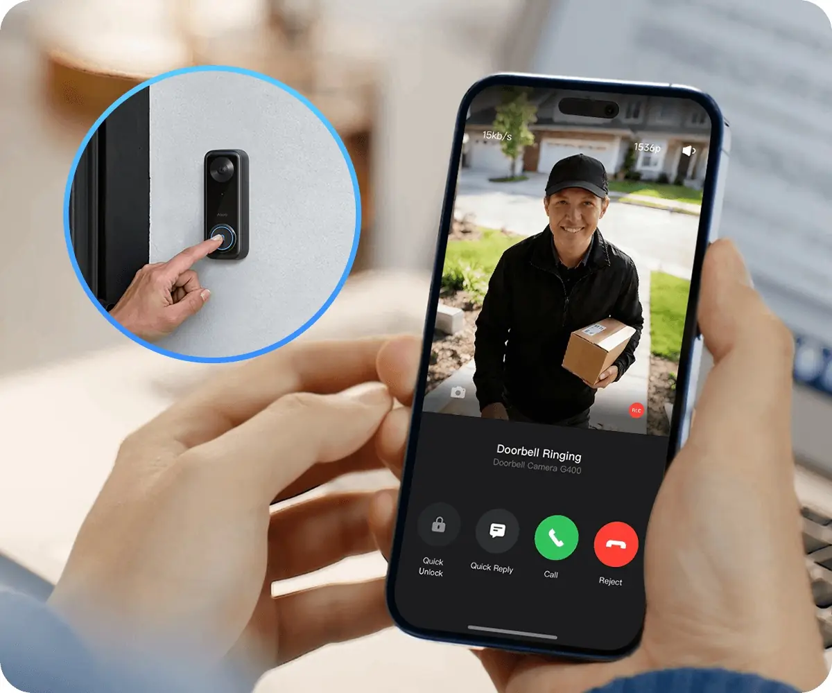 A phone showing an incoming doorbell video call from a courier, with unlock, quick reply, answer and reject buttons