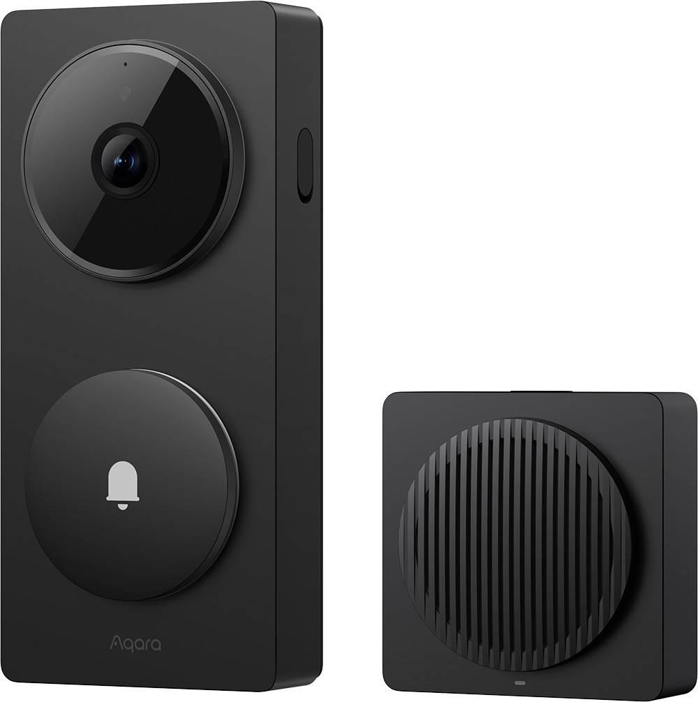 Aqara G410 doorbell and chime repeater in black on a white background